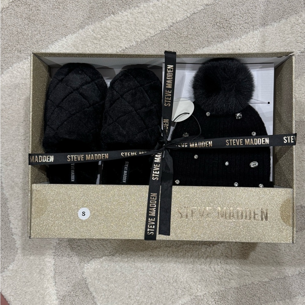 Steve Madden Black size, small slippers, and hat gift set Quilted Accessory